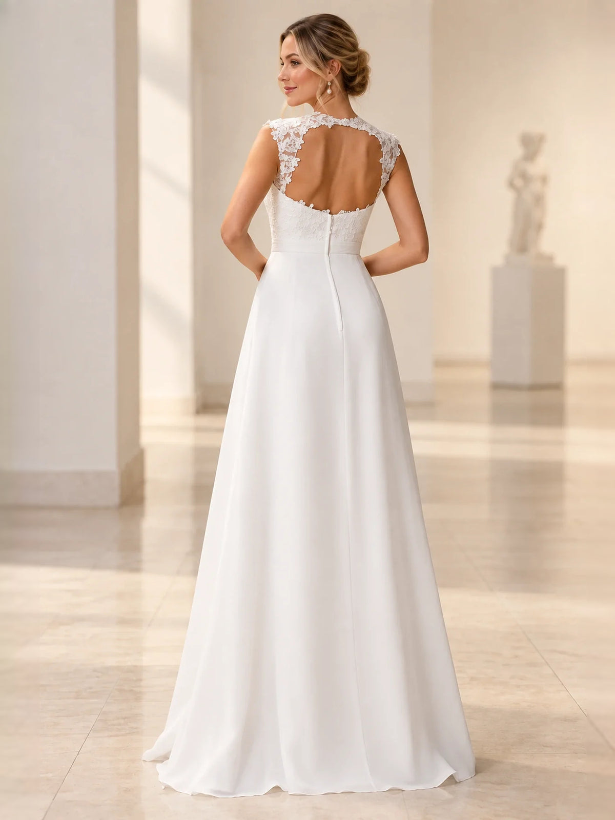 White floor-length wedding dress, front view showing the a-line silhouette