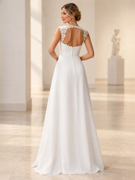 White floor-length wedding dress, front view showing the a-line silhouette