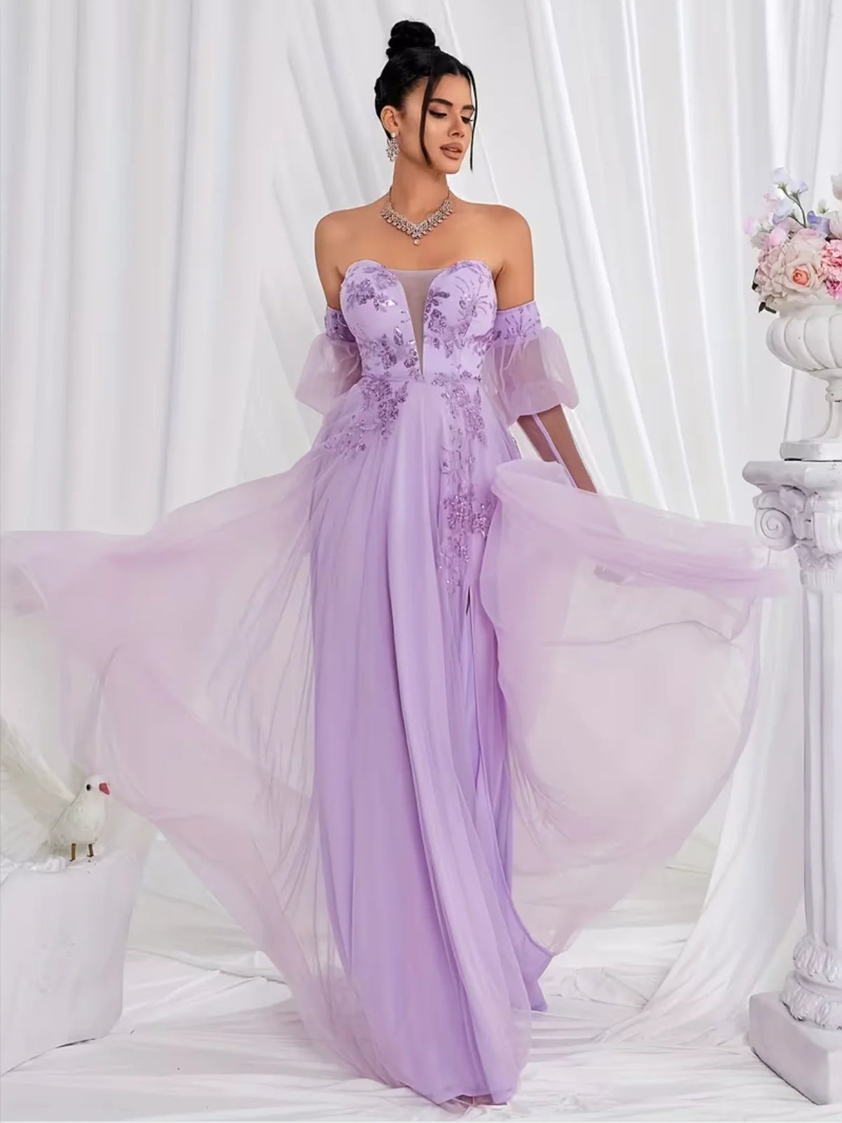Lilac maxi prom dress, front view showing the a-line silhouette
