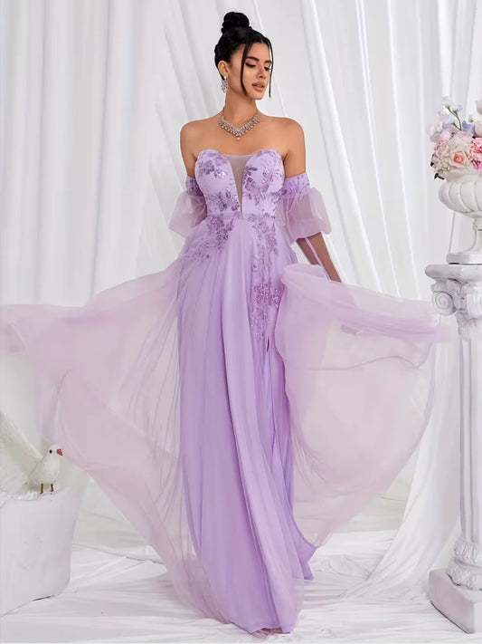 Lilac maxi prom dress, front view showing the a-line silhouette