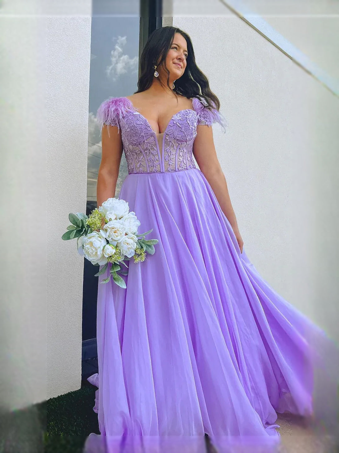 Lavender maxi prom dress, front view showing the a-line silhouette