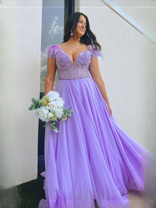 Lavender maxi prom dress, front view showing the a-line silhouette