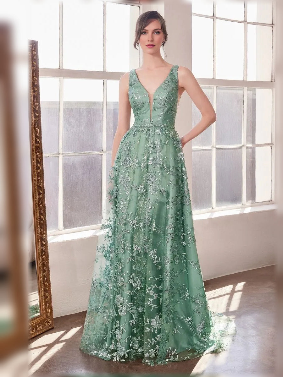 Dusty Sage a-line floor-length formal dress with V-neckline, full-length front view