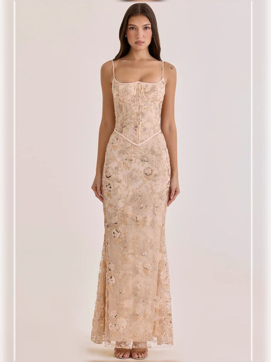 Peach mermaid floor-length formal dress with floral print, full-length front view