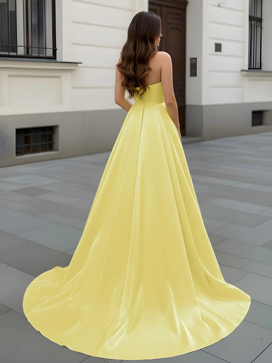 Daffodil maxi prom dress, front view showing the a-line silhouette