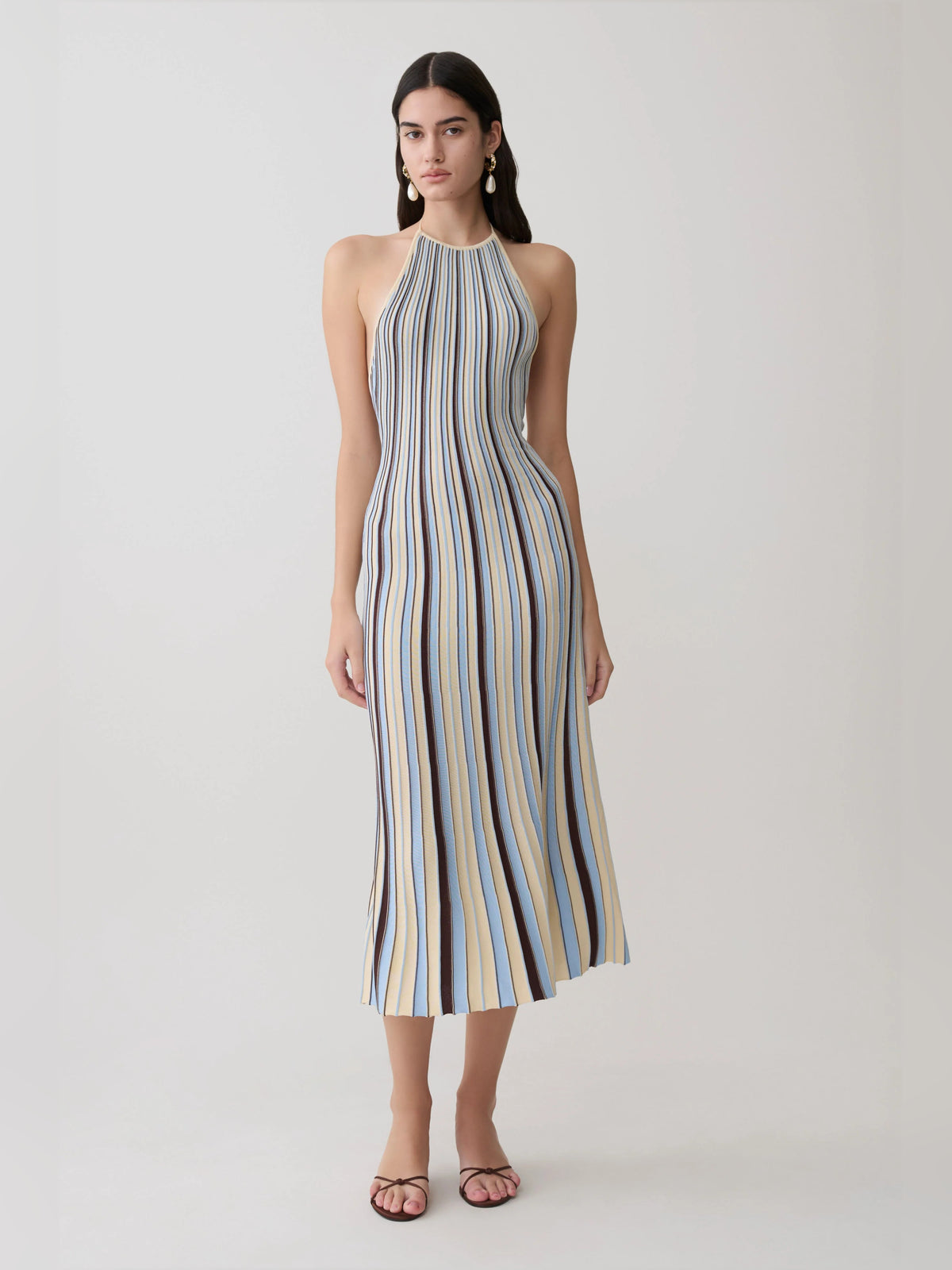 Chocolate midi formal dress, full-length front view