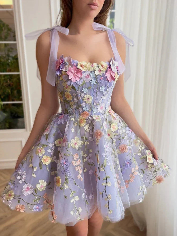 Lilac short homecoming dress, alternate view showing the full-length silhouette