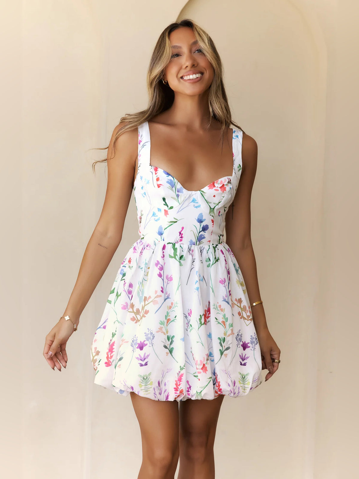 White mini homecoming dress, front view showing the silhouette