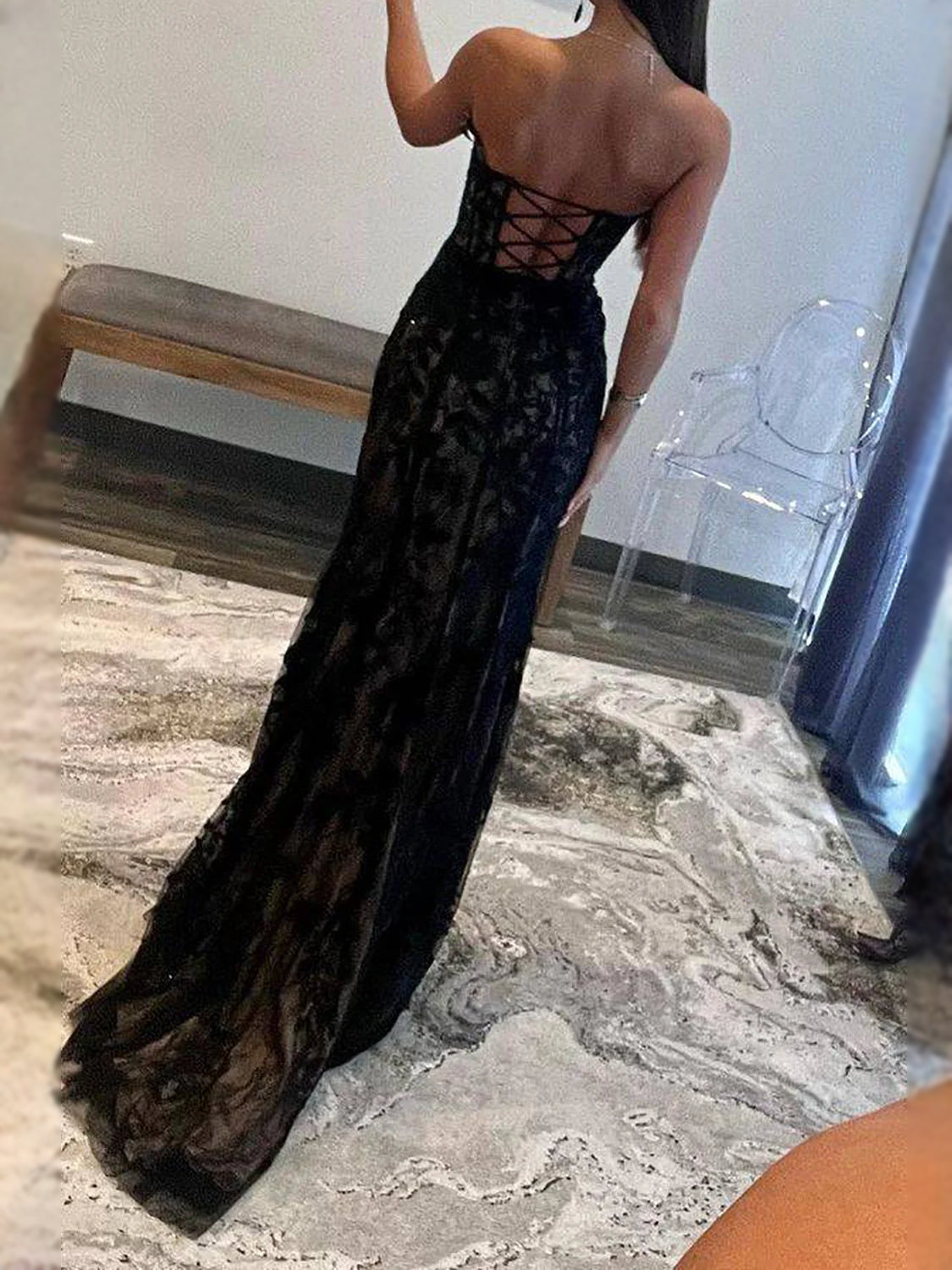 Black floor-length prom dress, front view showing the mermaid silhouette