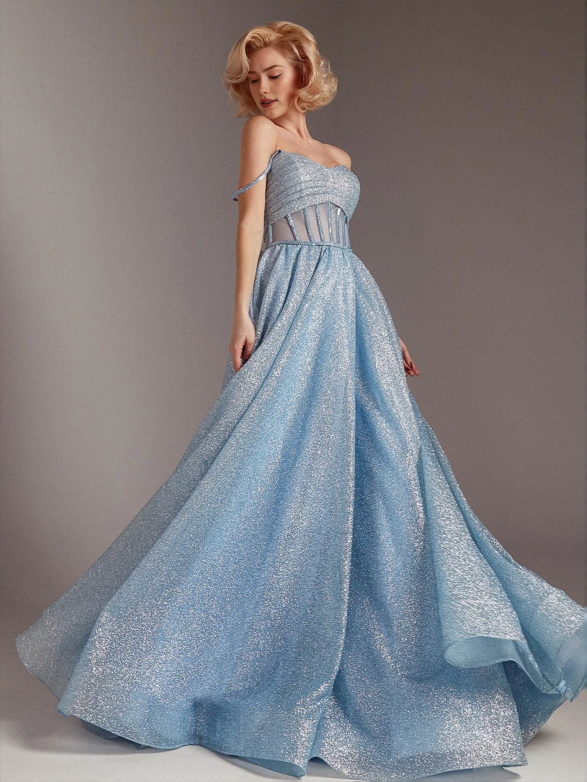 Light Blue floor-length prom dress, front view showing the a-line silhouette