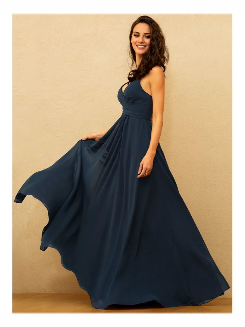 Dark Navy maxi bridesmaid dress, front view showing the a-line silhouette