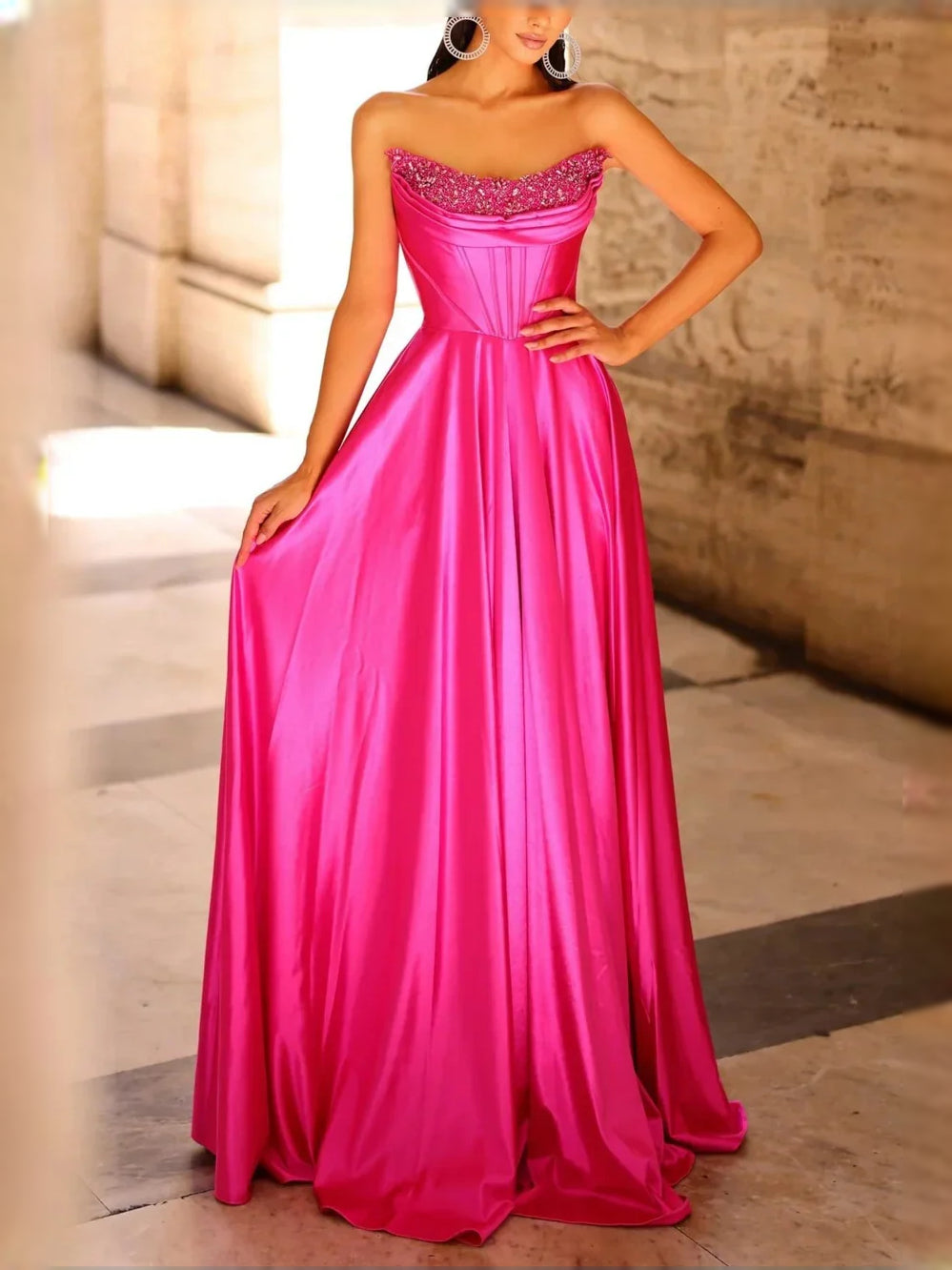 Hot Pink maxi prom dress, front view showing the a-line silhouette