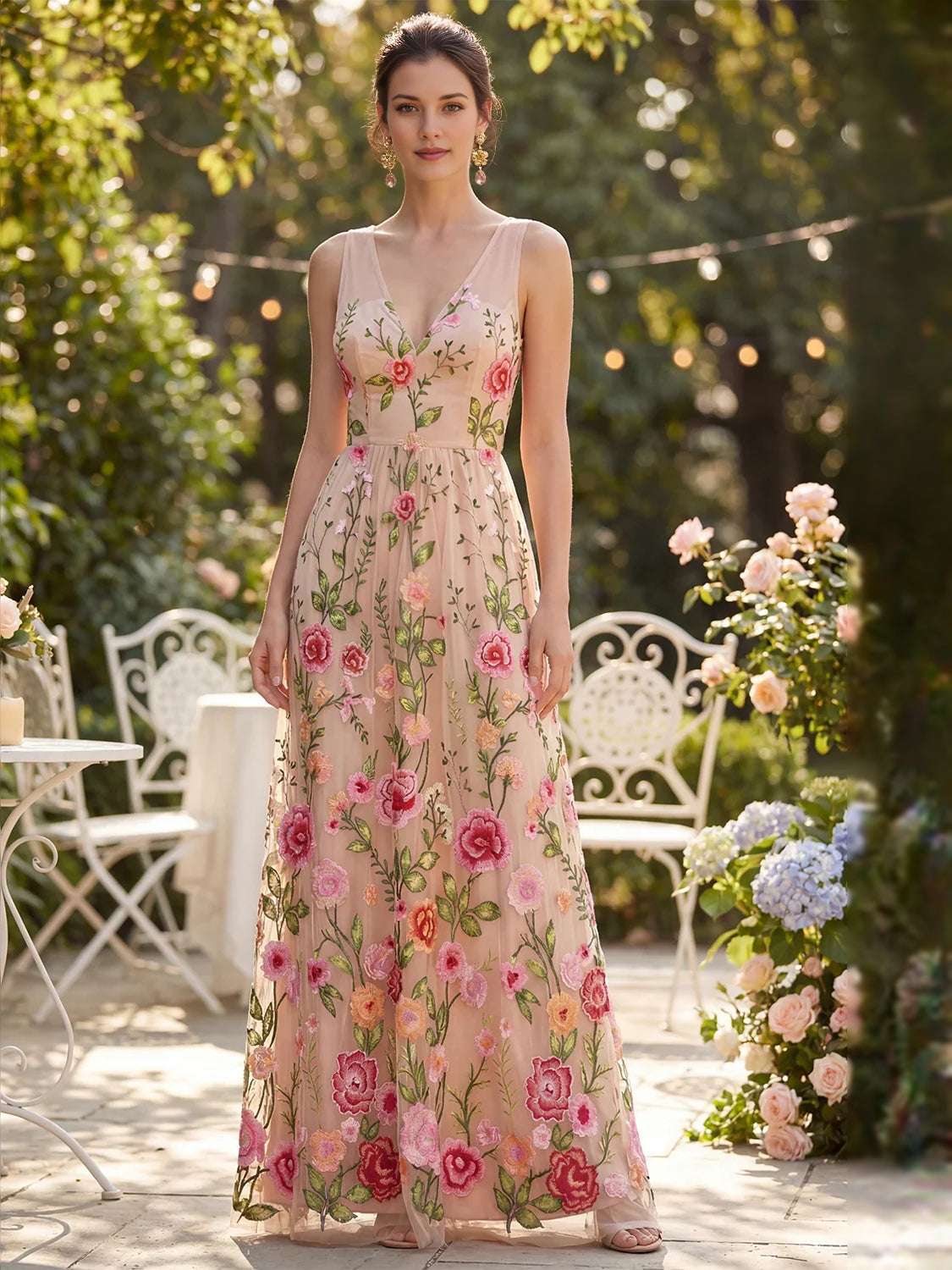 Floral maxi bridesmaid dress, front view showing the a-line silhouette