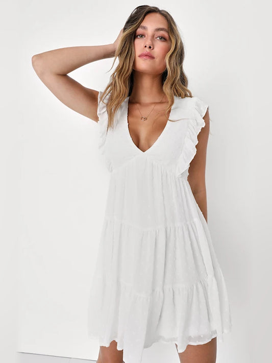 White mini homecoming dress, front view showing the silhouette