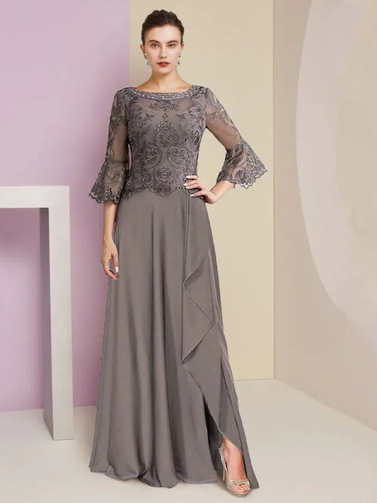 Grey floor-length mother of the bride dress, front view showing the a-line silhouette