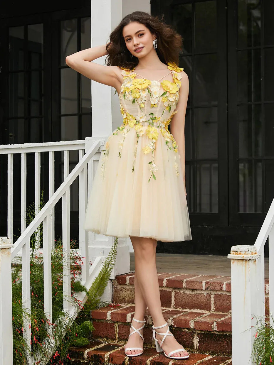 Pale Lemon mini homecoming dress, alternate view showing the full-length silhouette