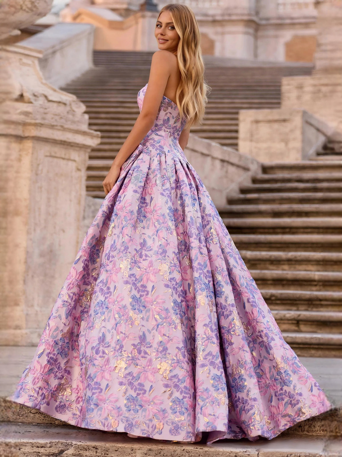 Lilac floor-length prom dress, front view showing the a-line silhouette
