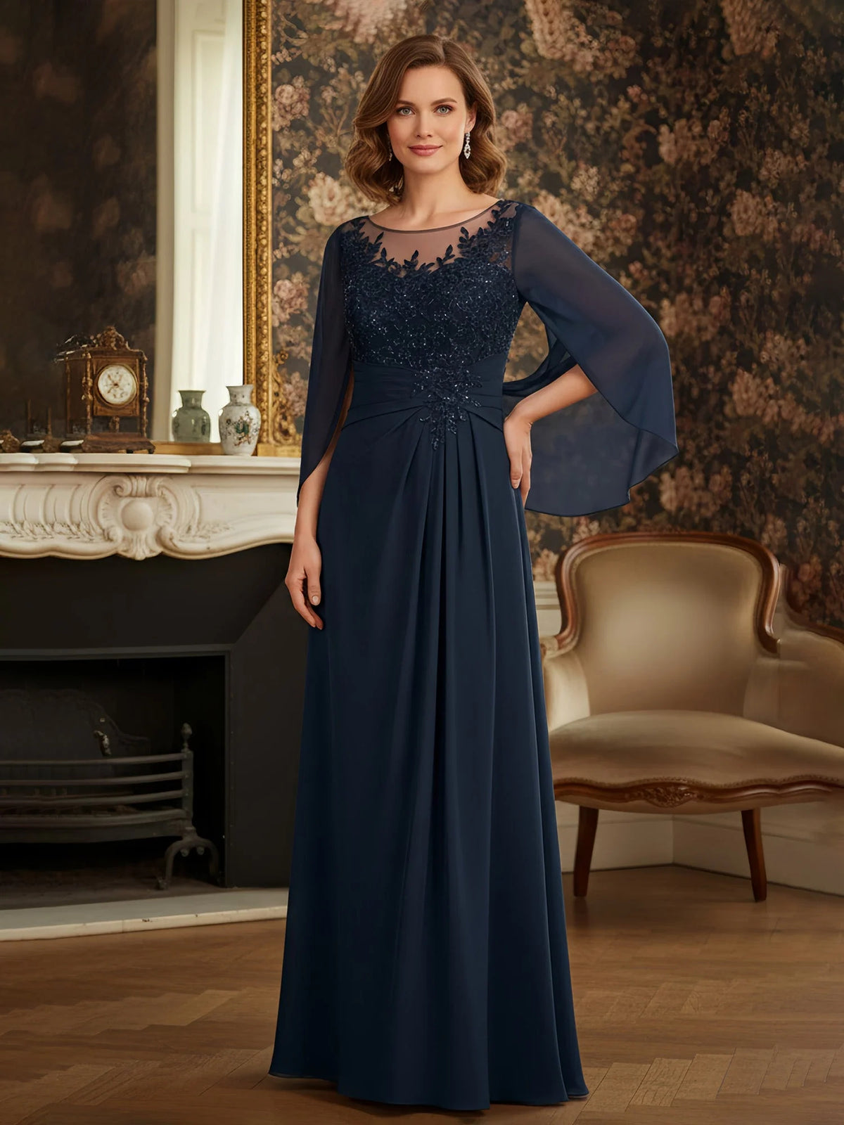 Dark Navy maxi mother of the bride dress, front view showing the a-line silhouette