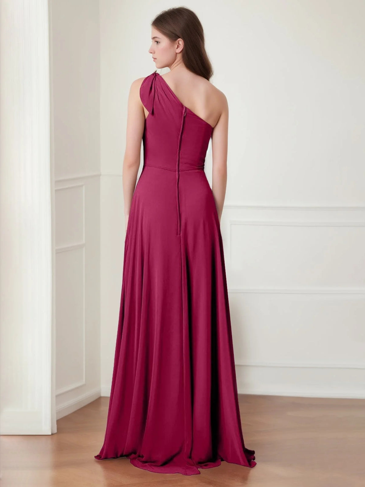 Dark Cherry floor-length prom dress, front view showing the a-line silhouette
