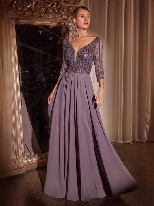 Wisteria maxi prom dress, front view showing the a-line silhouette