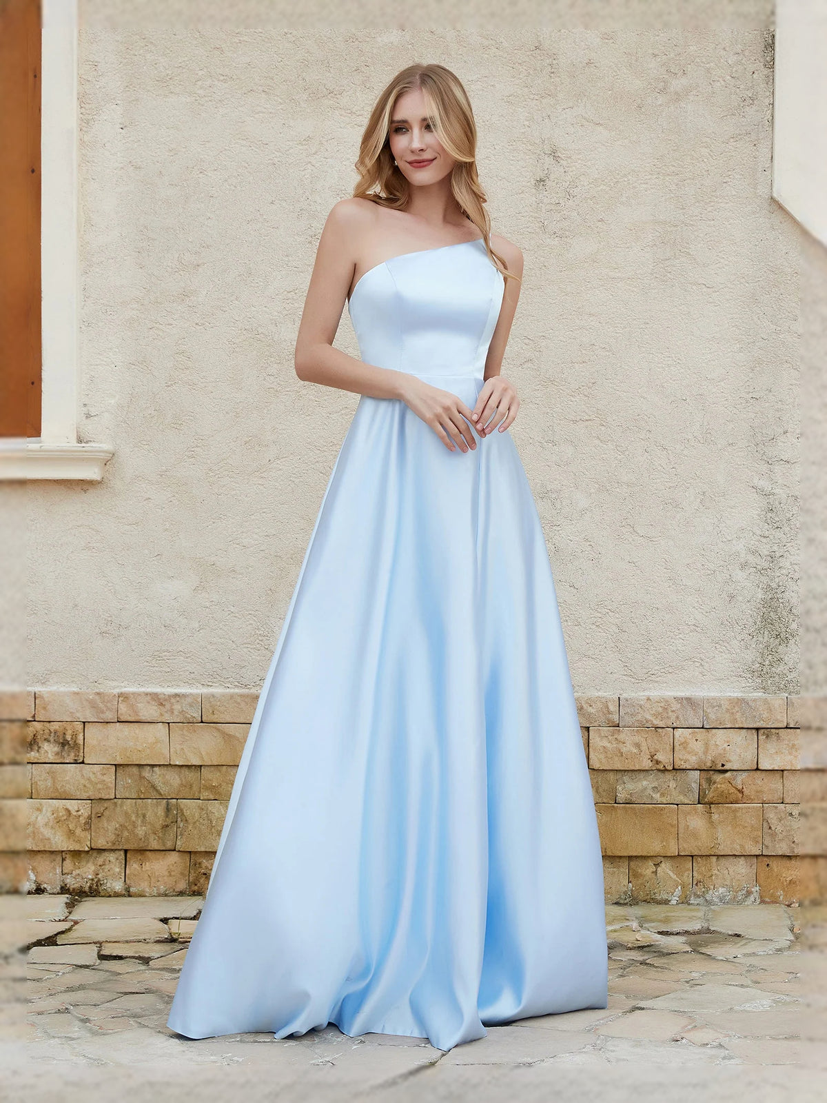 Sky Blue floor-length prom dress, front view showing the a-line silhouette