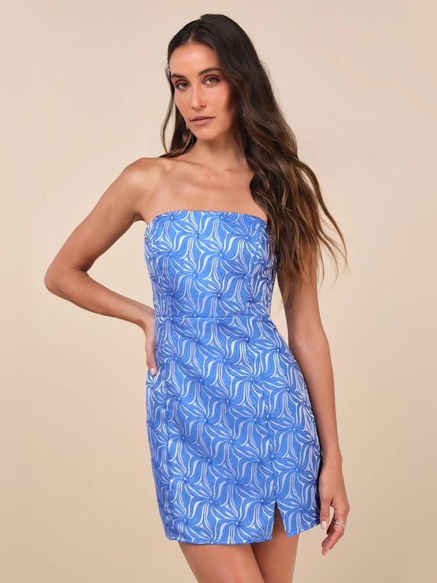 Blue mini homecoming dress, front view showing the silhouette
