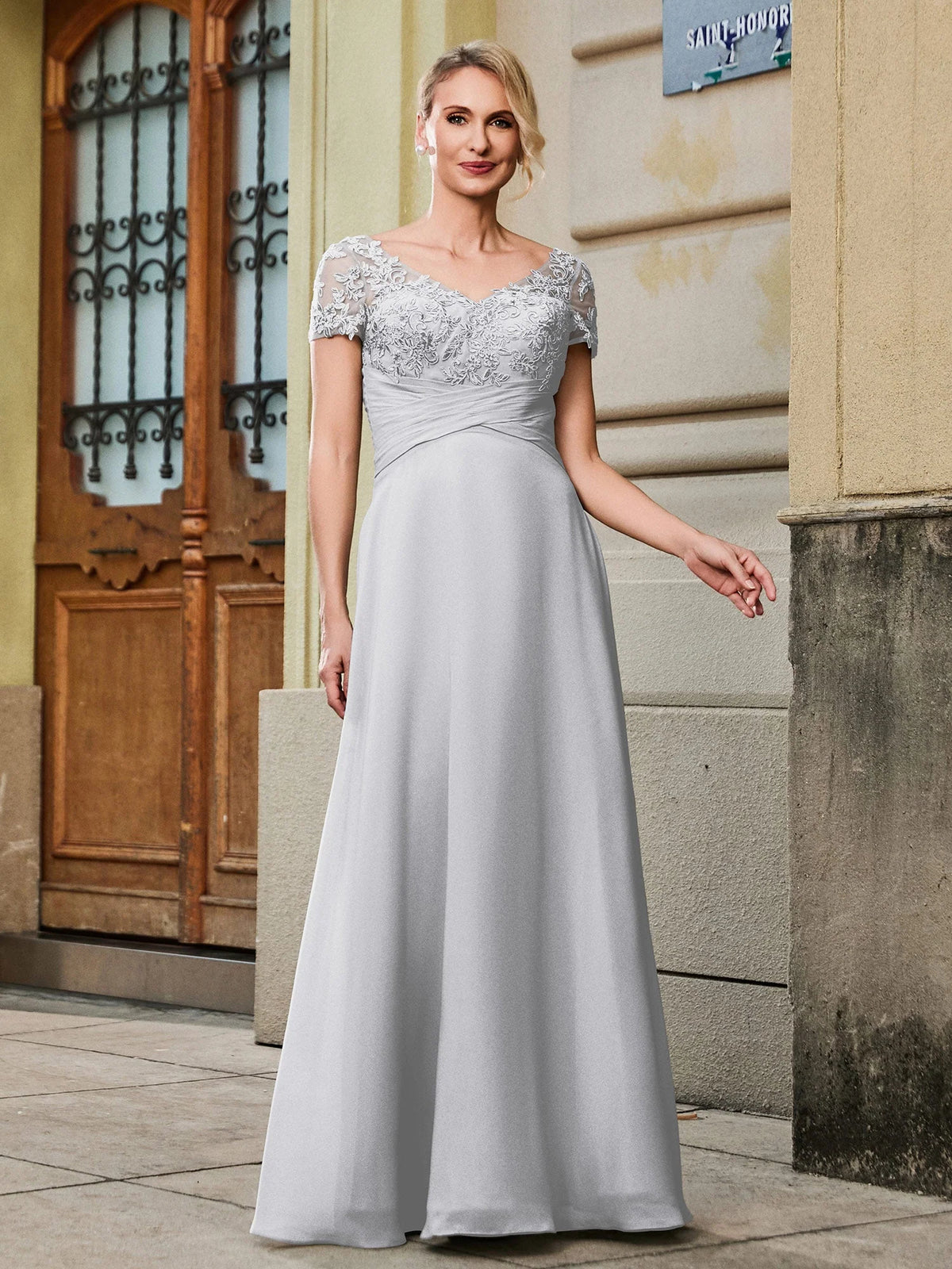 Silver a-line midi formal dress with V-neckline, full-length front view