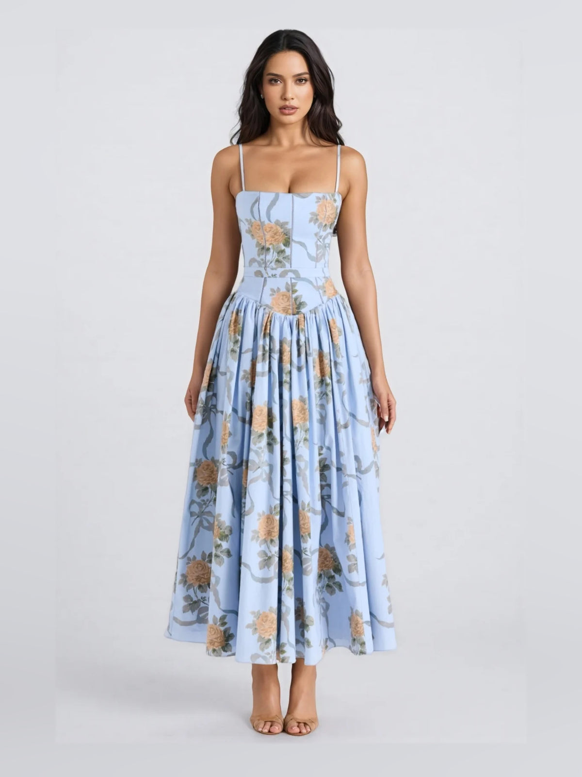 Light Blue tea-length prom dress, front view showing the a-line silhouette