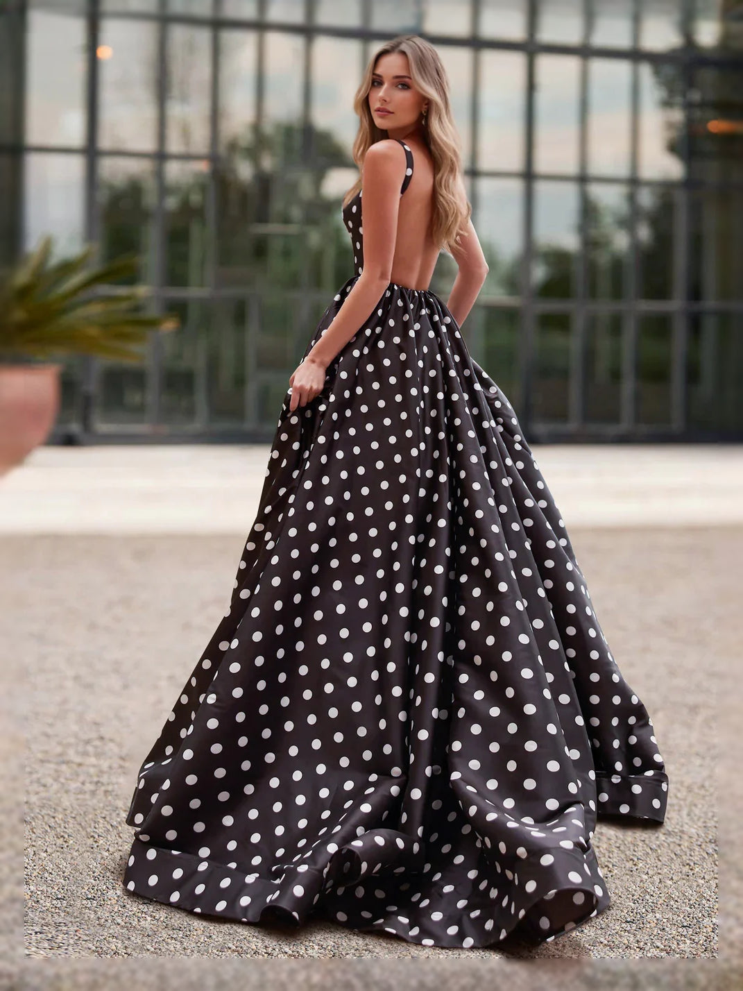 Black floor-length prom dress, front view showing the a-line silhouette