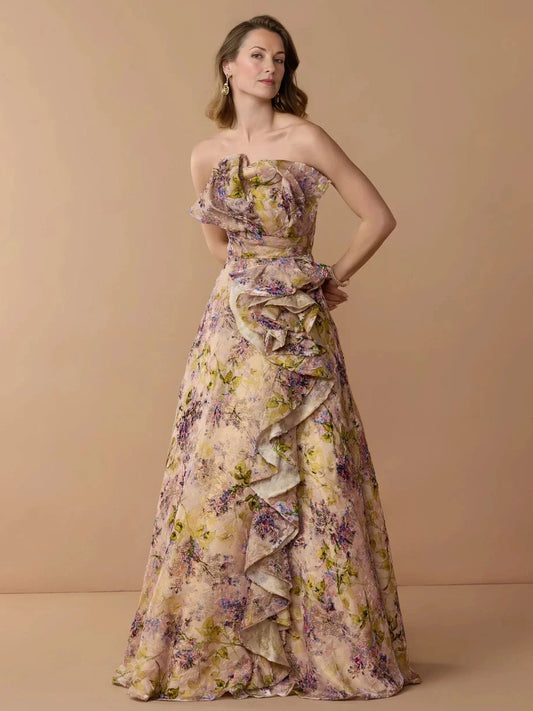 Champagne floor-length mother of the bride dress, front view showing the a-line silhouette