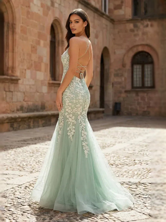 Sage Green floor-length prom dress, front view showing the mermaid silhouette