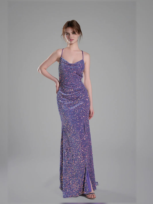 Lilac mermaid floor-length formal dress with cowl neckline, full-length front view