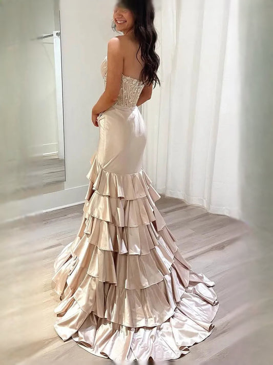 Pink floor-length prom dress, front view showing the mermaid silhouette