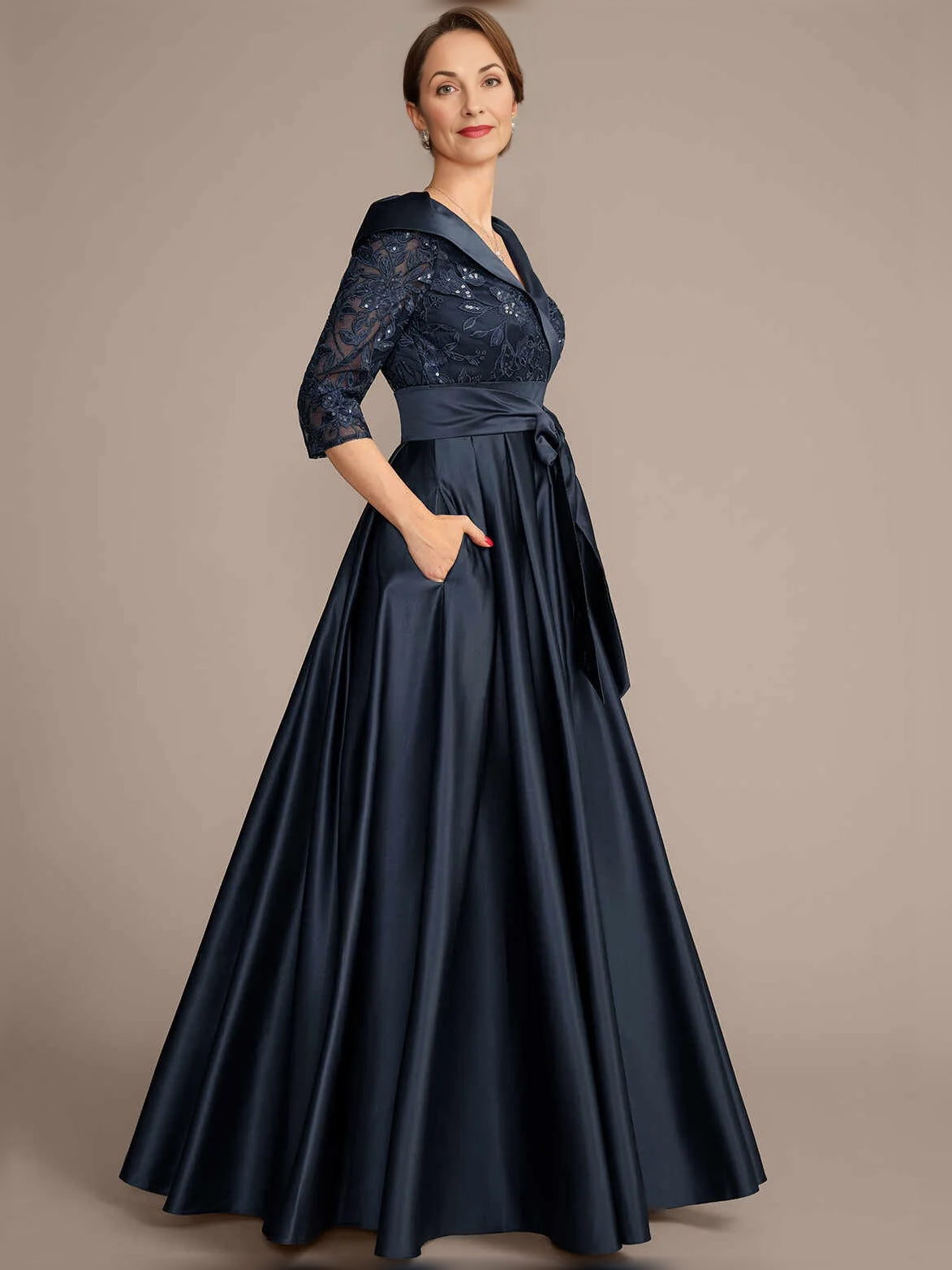 Dark Navy floor-length mother of the bride dress, front view showing the a-line silhouette