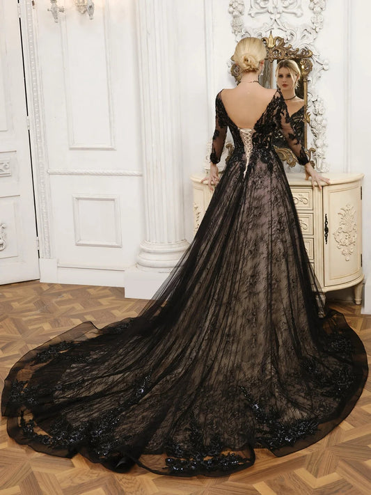 Black floor-length wedding dress, front view showing the a-line silhouette