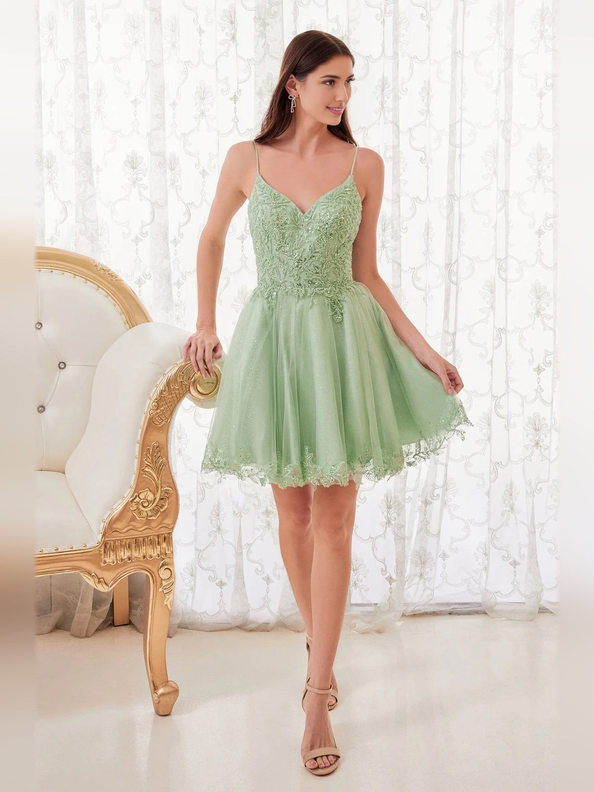 Dusty Sage short homecoming dress, alternate view showing the full-length silhouette