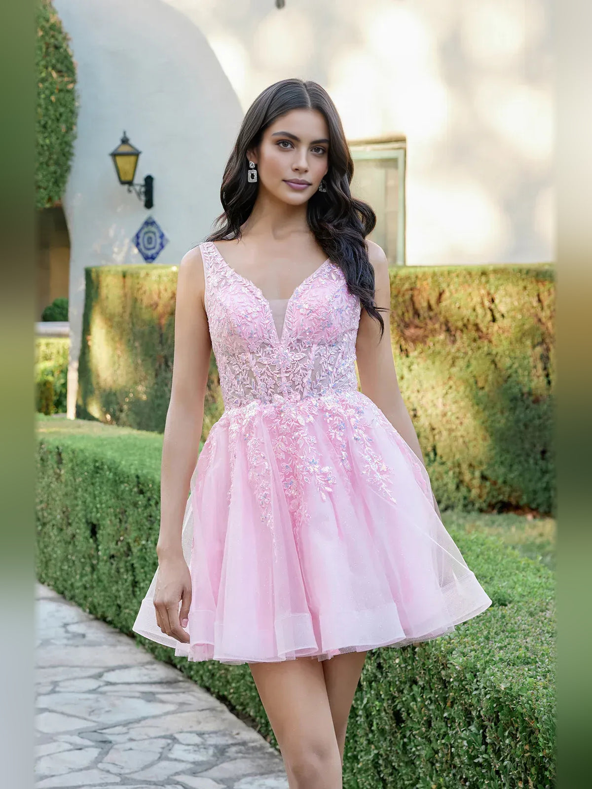 Pink short homecoming dress, alternate view showing the full-length silhouette