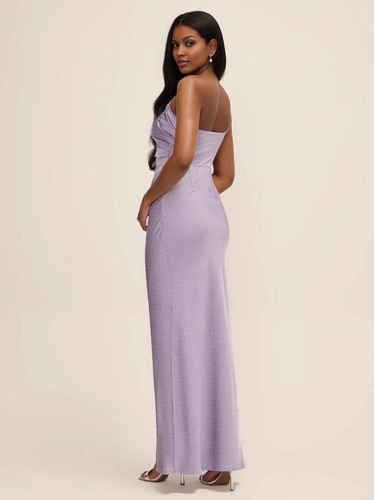 Lilac maxi bridesmaid dress, front view showing the sheath silhouette