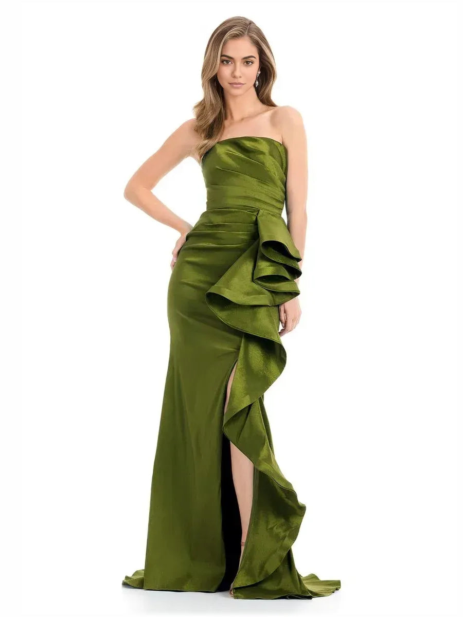 Olive Green mermaid floor-length formal dress with strapless neckline, full-length front view