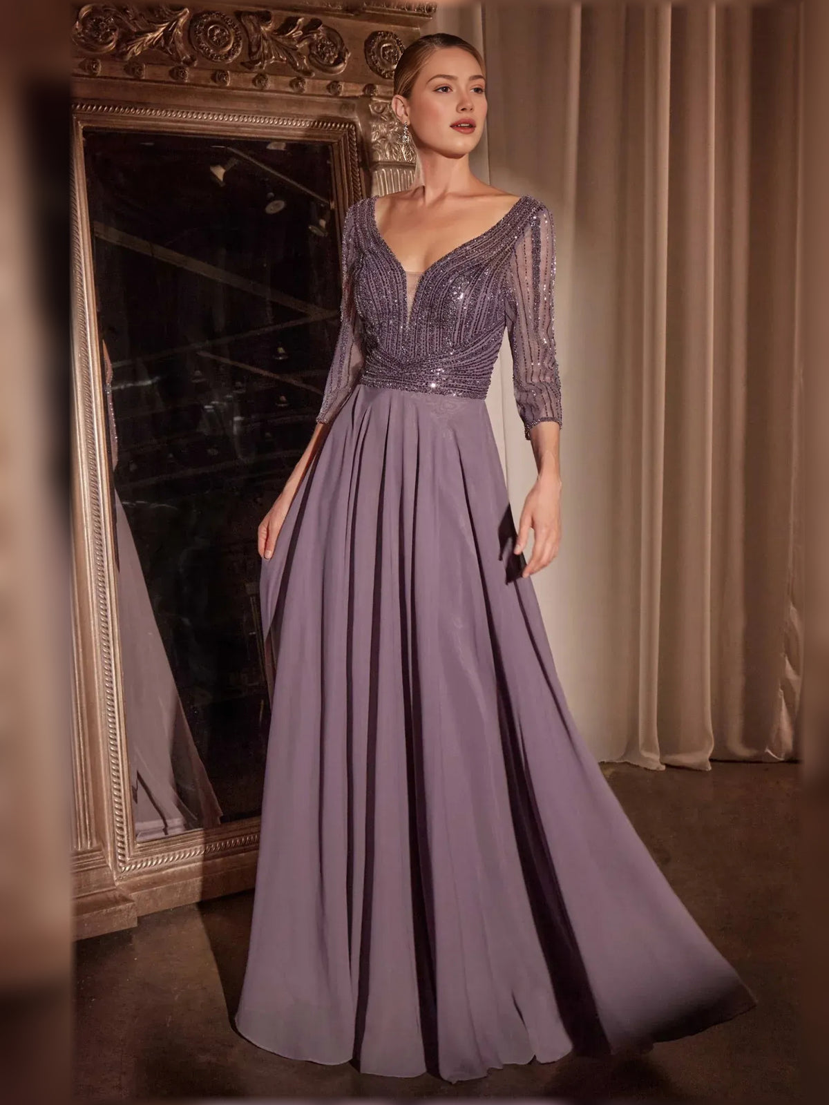 Wisteria a-line floor-length formal dress with V-neckline, full-length front view