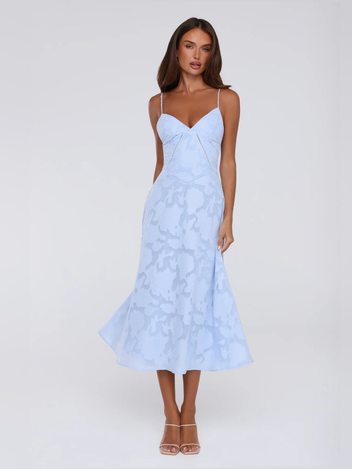 Blue midi formal dress, full-length front view