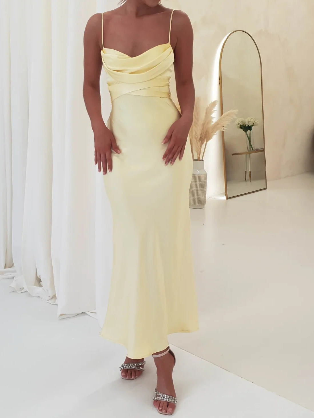 Yellow ankle-length bridesmaid dress, front view showing the mermaid silhouette