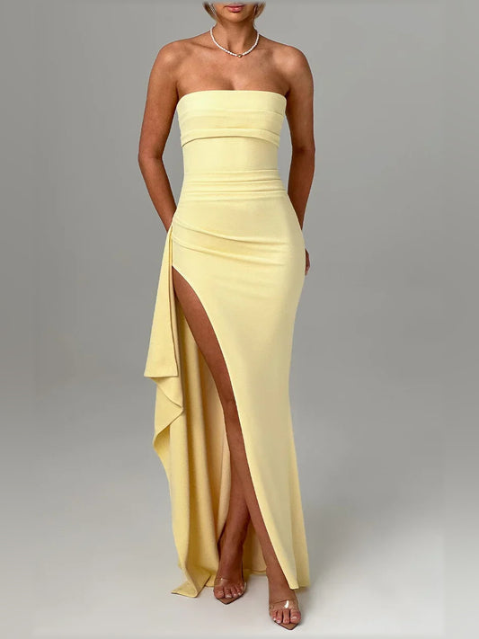 Lemon mermaid floor-length formal dress with one-shoulder neckline, full-length front view