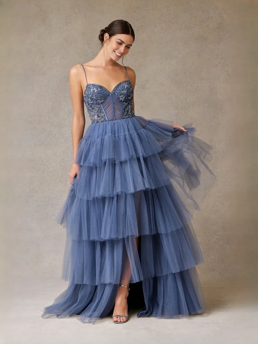 Slate Blue floor-length prom dress, front view showing the a-line silhouette