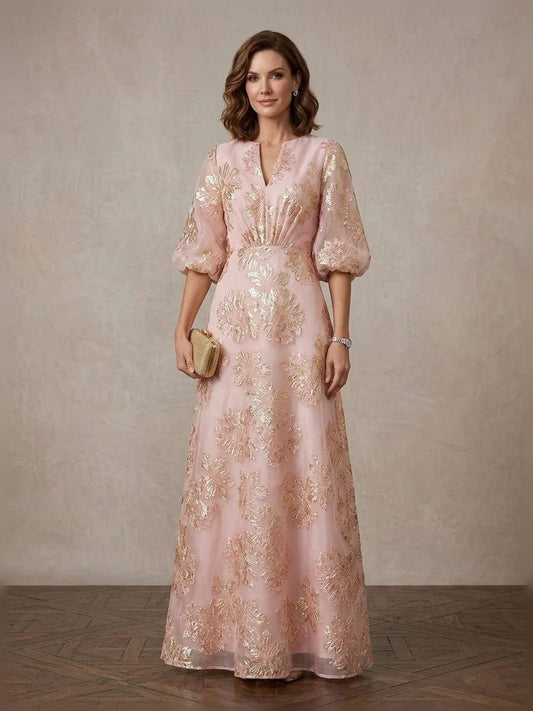 Blush Pink maxi mother of the bride dress, front view showing the a-line silhouette