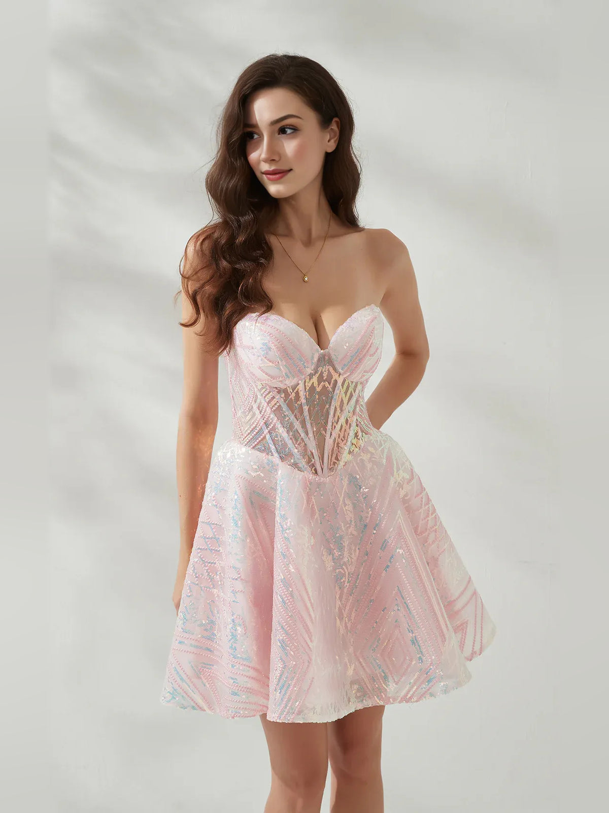 Blush Pink mini homecoming dress, alternate view showing the full-length silhouette