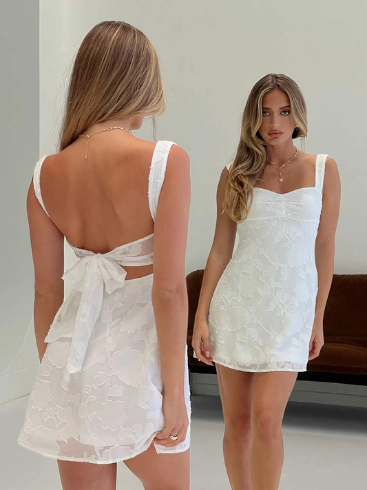 White mini homecoming dress, front view showing the silhouette