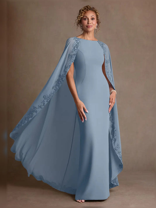 Dusty Blue maxi mother of the bride dress, front view showing the sheath silhouette