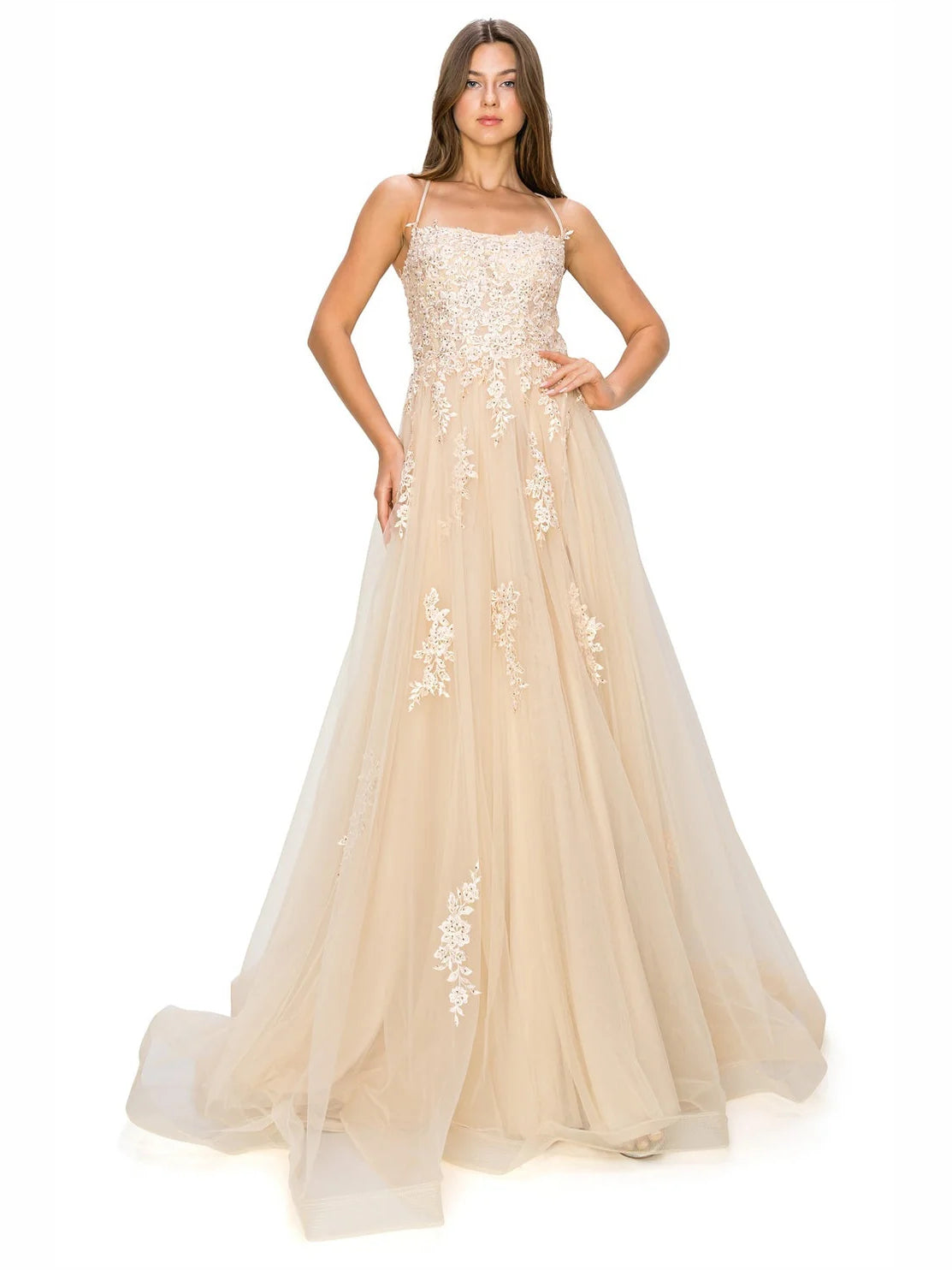 Champagne floor-length prom dress, front view showing the a-line silhouette