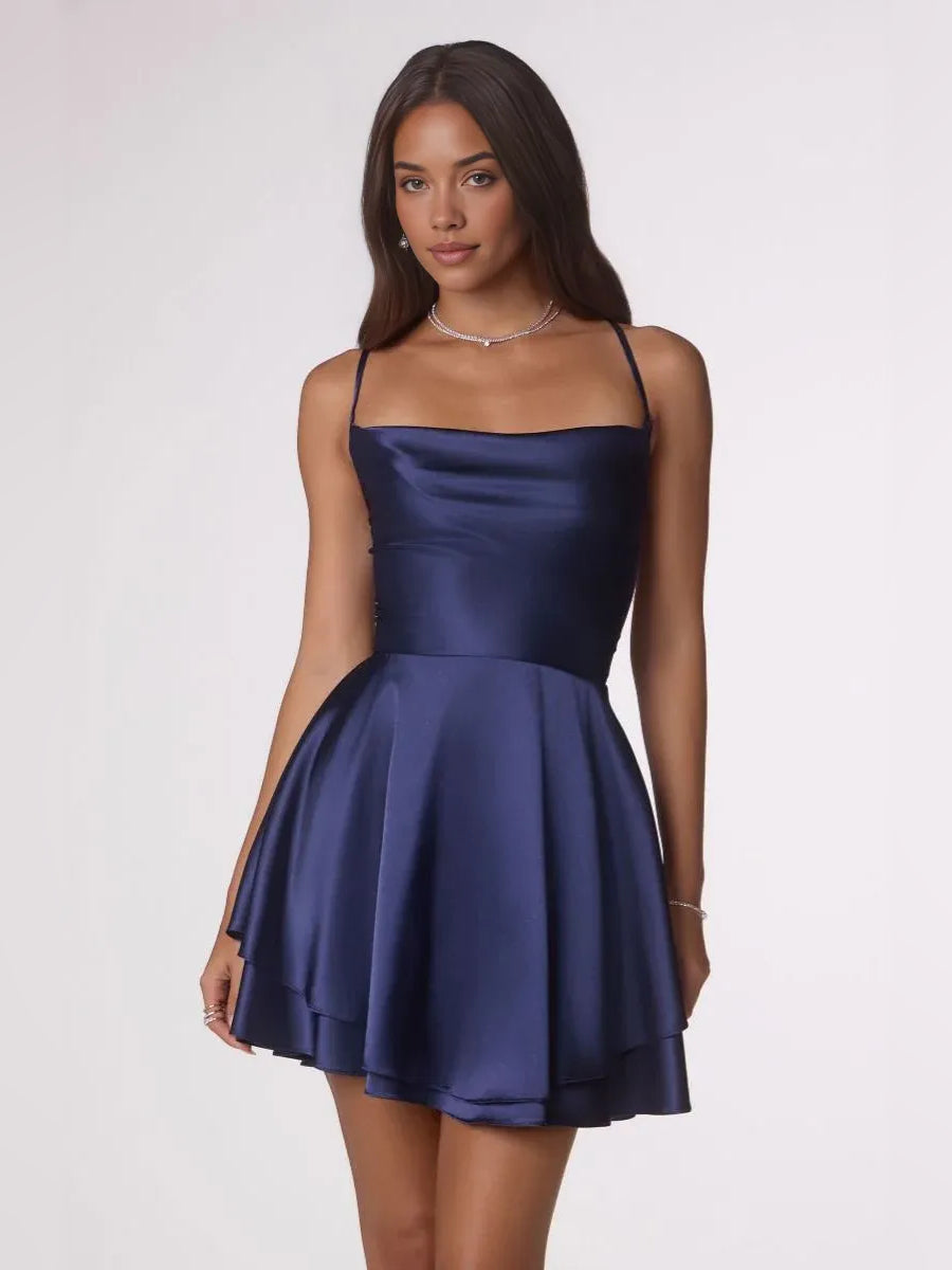 Navy Blue mini homecoming dress, alternate view showing the full-length silhouette